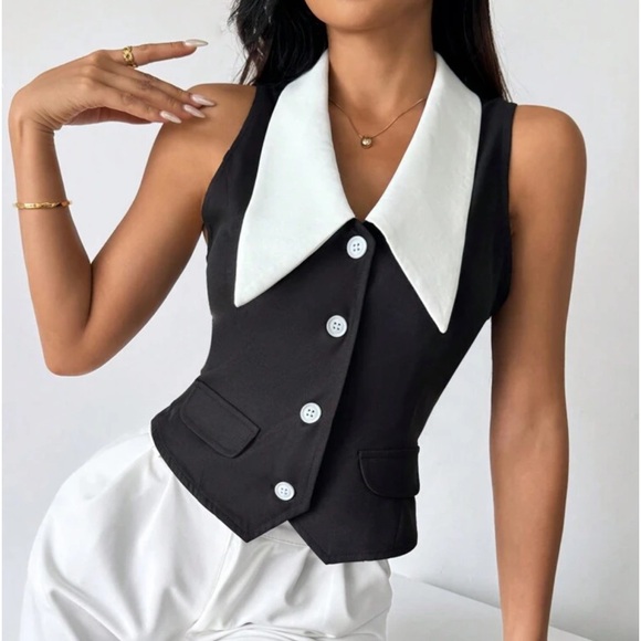 Classic Elegant Polka Dot Button Down Vest Office Work Top Black White - Picture 6 of 10
